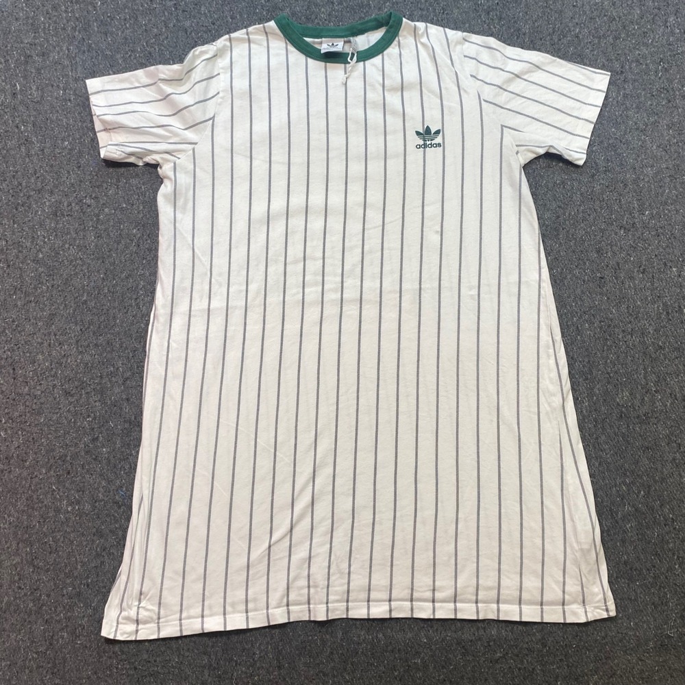 Adidas Pinstripe TShirt XL Mens White Green Sporty Trefoil Ringer Tee Shirt